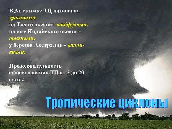 В Атлантике ТЦ называют ураганами, на Тихом океане - тайфунами, на