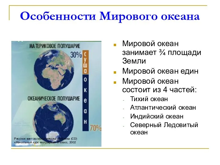 Особенности Мирового океана Мировой океан занимает ¾ площади Земли Мировой океан