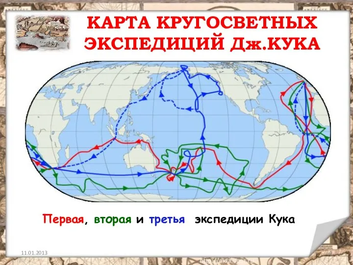 КАРТА КРУГОСВЕТНЫХ ЭКСПЕДИЦИЙ Дж.КУКА Первая, вторая и третья экспедиции Кука