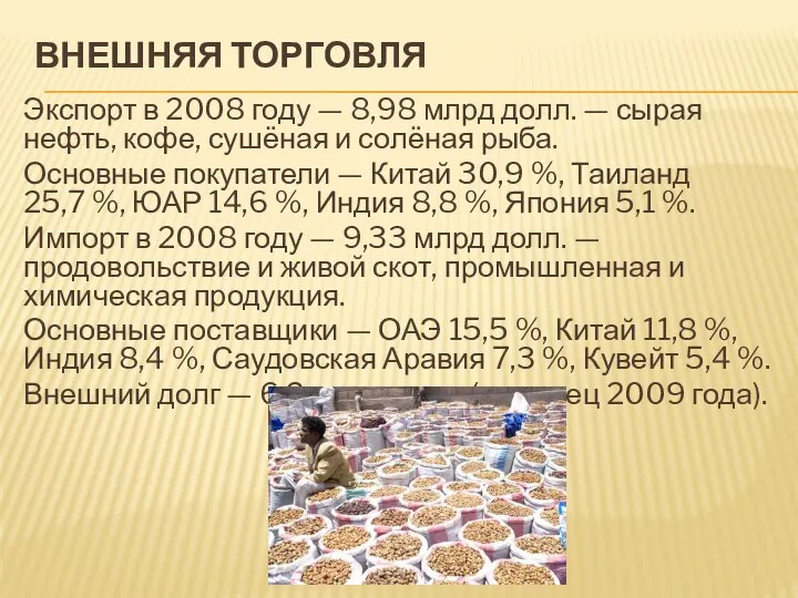 Внешняя торговля Экспорт в 2008 году — 8,98 млрд долл. —