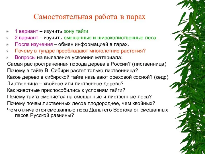 Самостоятельная работа в парах 1 вариант – изучить зону тайги 2