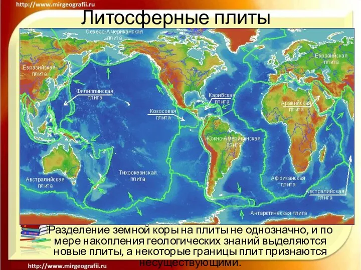 Литосферные плиты Разделение земной коры на плиты не однозначно, и по