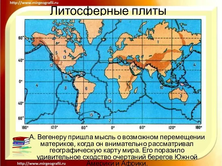 Литосферные плиты А. Вегенеру пришла мысль о возможном перемещении материков, когда