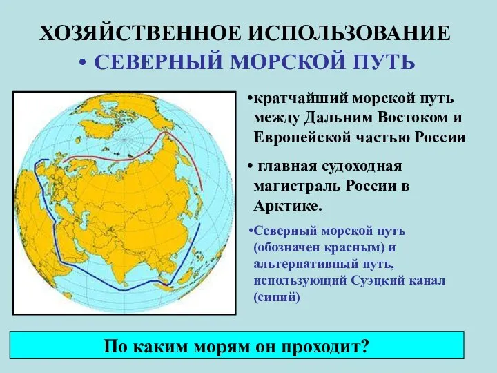 ХОЗЯЙСТВЕННОЕ ИСПОЛЬЗОВАНИЕ СЕВЕРНЫЙ МОРСКОЙ ПУТЬ кратчайший морской путь между Дальним Востоком