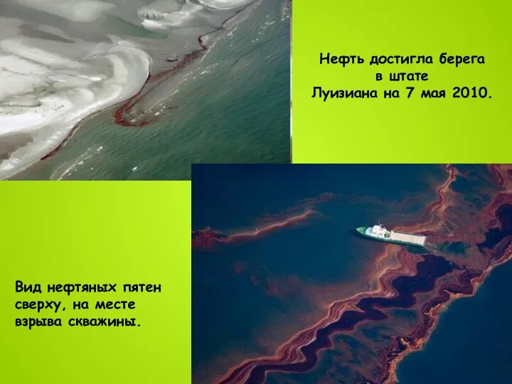 Нефть достигла берега в штате Луизиана на 7 мая 2010. Вид