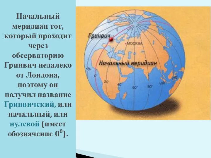 Начальный меридиан тот, который проходит через обсерваторию Гринвич недалеко от Лондона,