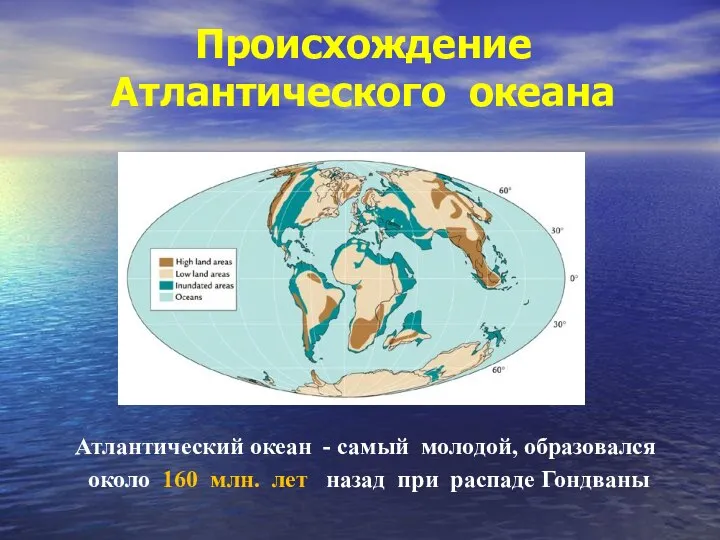 Происхождение Атлантического океана Атлантический океан - самый молодой, образовался около 160