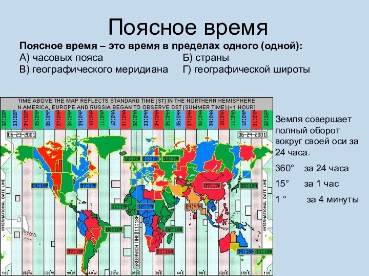 Поясное время Поясное время – это время в пределах одного (одной):