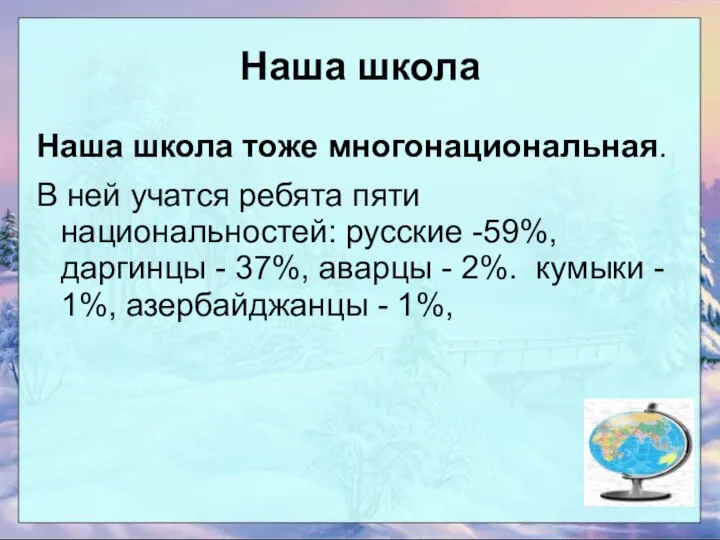 Наша школа Наша школа тоже многонациональная. В ней учатся ребята пяти