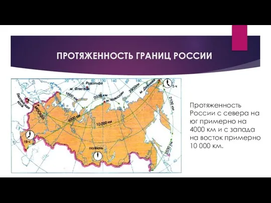 ПРОТЯЖЕННОСТЬ ГРАНИЦ РОССИИ Протяженность России с севера на юг примерно на