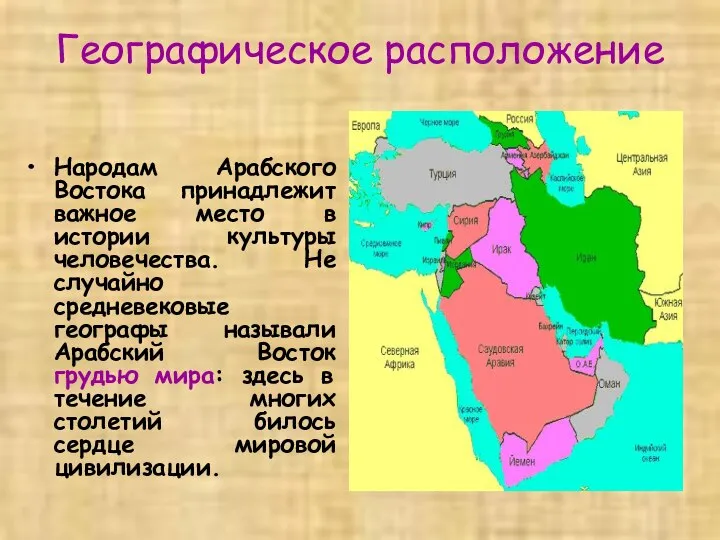 Географическое расположение Народам Арабского Востока принадлежит важное место в истории культуры