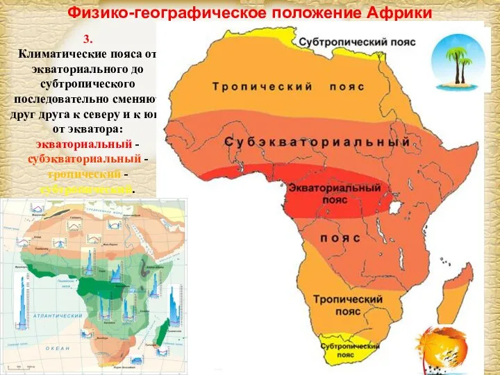 Физико-географическое положение Африки 3. Климатические пояса от экваториального до субтропического последовательно