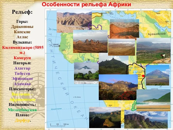 Особенности рельефа Африки Рельеф: Горы: Драконовы Капские Атлас Вулканы: Килиманджаро (5895