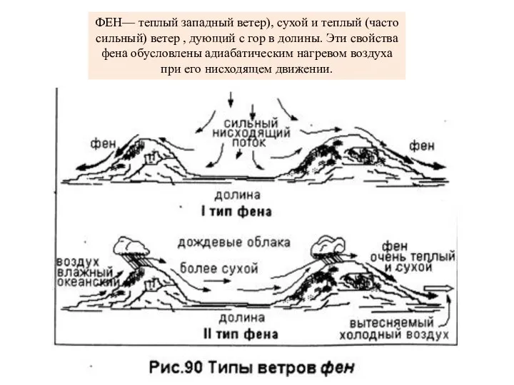 ФЕН— теплый западный ветер), сухой и теплый (часто сильный) ветер ,