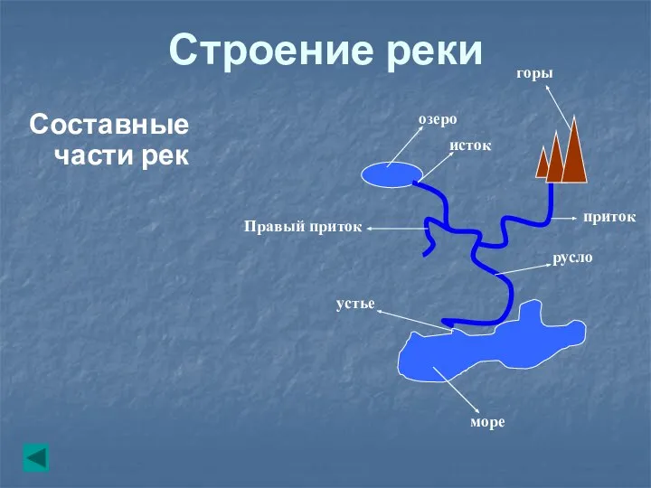 Строение реки Составные части рек исток русло море устье озеро Правый приток горы приток