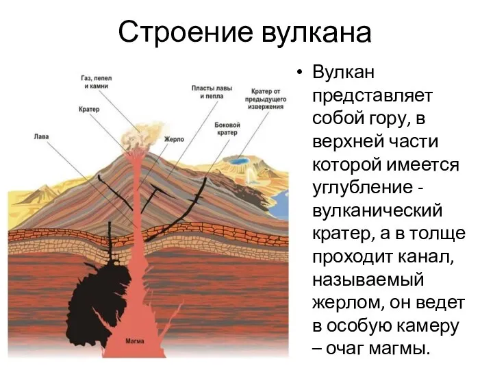 Строение вулкана Вулкан представляет собой гору, в верхней части которой имеется