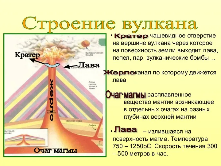 Строение вулкана –чашевидное отверстие на вершине вулкана через которое на поверхность