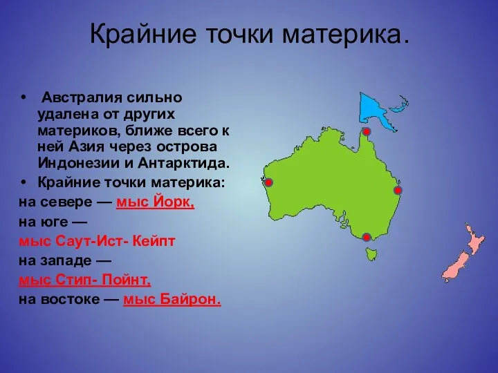 Крайние точки материка. Австралия сильно удалена от других материков, ближе всего