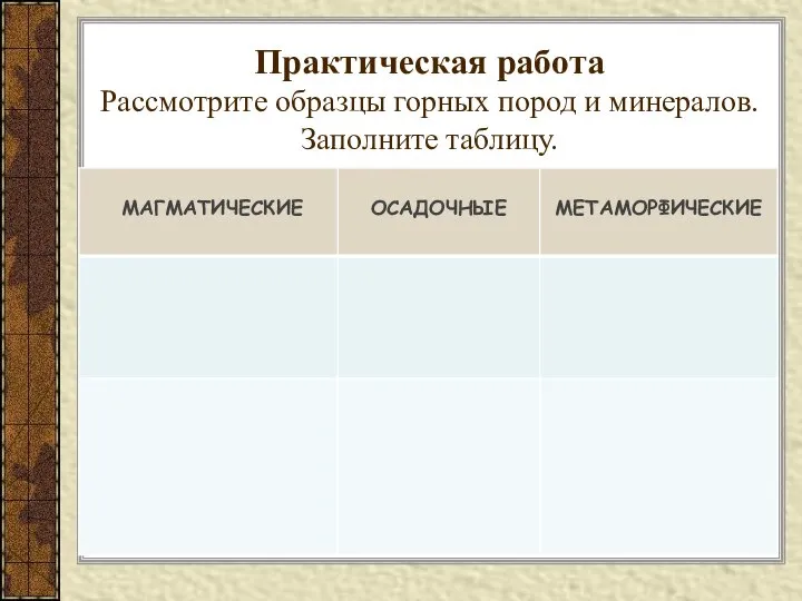 Практическая работа Рассмотрите образцы горных пород и минералов. Заполните таблицу.