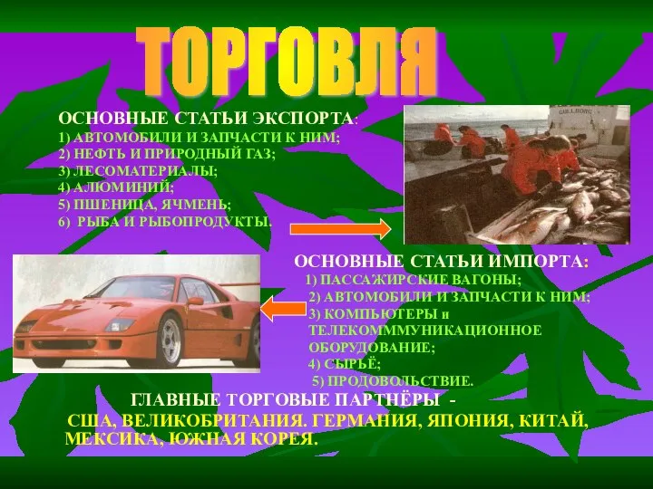 ОСНОВНЫЕ СТАТЬИ ЭКСПОРТА: 1) АВТОМОБИЛИ И ЗАПЧАСТИ К НИМ; 2) НЕФТЬ