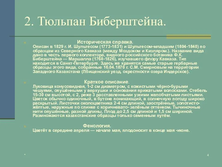 * 2. Тюльпан Биберштейна. Историческая справка. Описан в 1829 г. И.