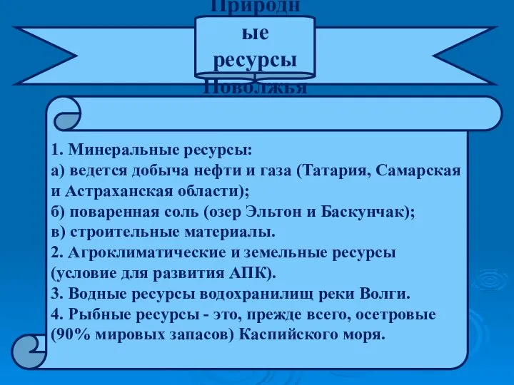 Природные ресурсы Поволжья 1. Минеральные ресурсы: а) ведется добыча нефти и