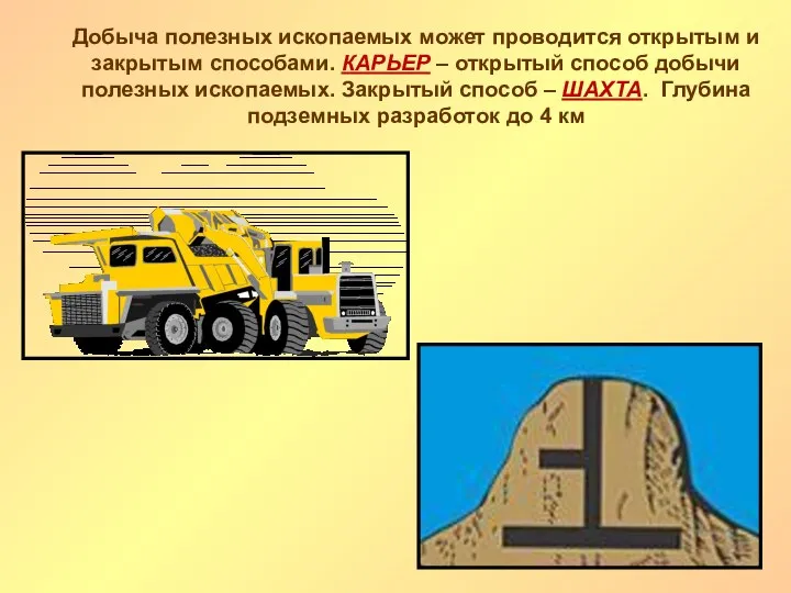 Добыча полезных ископаемых может проводится открытым и закрытым способами. КАРЬЕР –