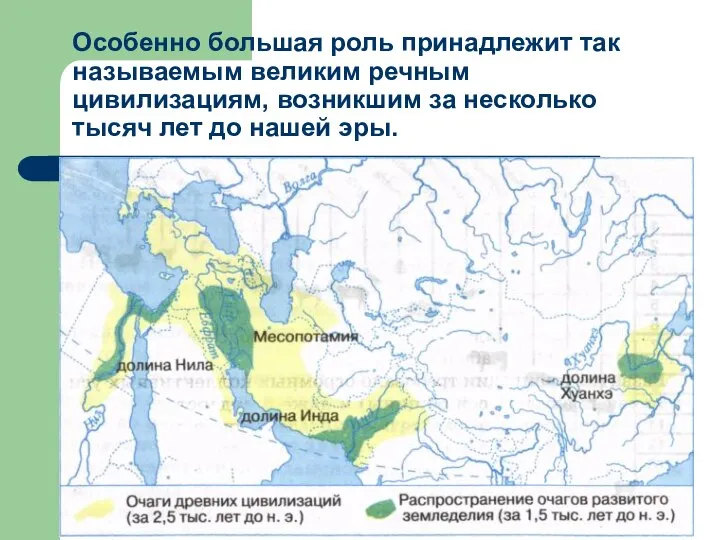 Особенно большая роль принадлежит так называемым великим речным цивилизациям, возникшим за