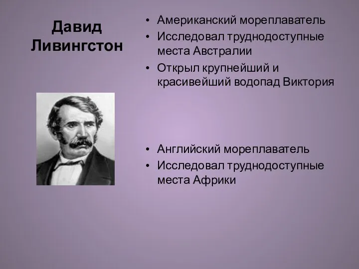 Давид Ливингстон Американский мореплаватель Исследовал труднодоступные места Австралии Открыл крупнейший и