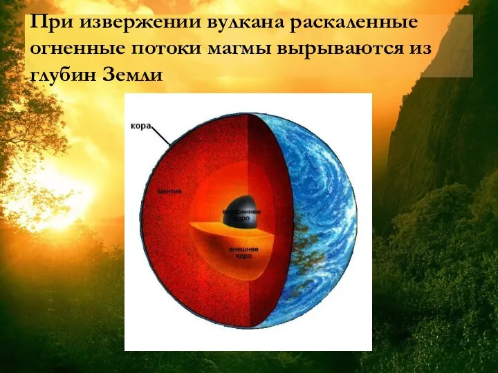 При извержении вулкана раскаленные огненные потоки магмы вырываются из глубин Земли