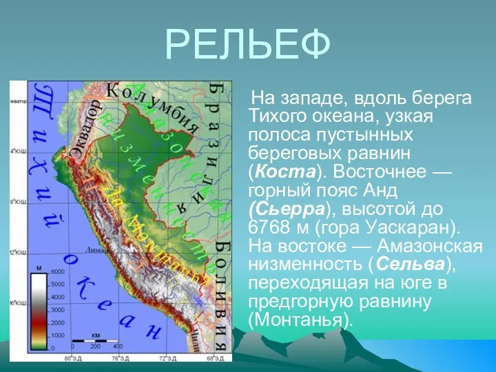 РЕЛЬЕФ На западе, вдоль берега Тихого океана, узкая полоса пустынных береговых