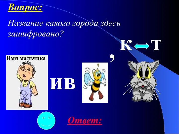 ив , к т Имя мальчика Ответ: Вопрос: Название какого города здесь зашифровано?