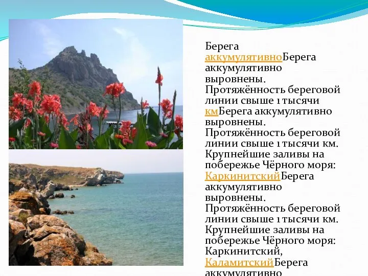 Берега аккумулятивноБерега аккумулятивно выровнены. Протяжённость береговой линии свыше 1 тысячи кмБерега