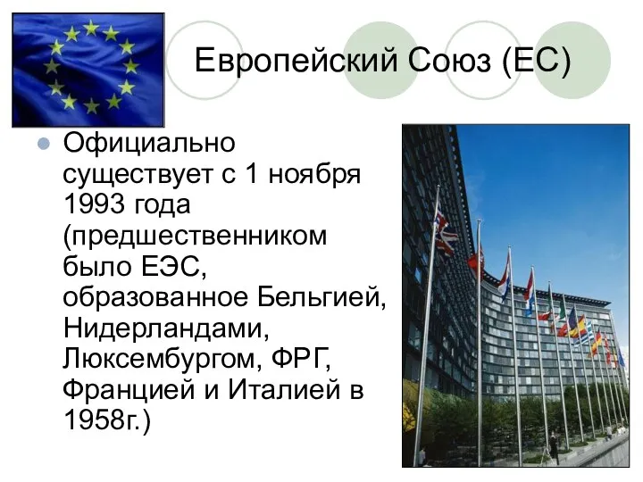 Европейский Союз (ЕС) Официально существует с 1 ноября 1993 года (предшественником