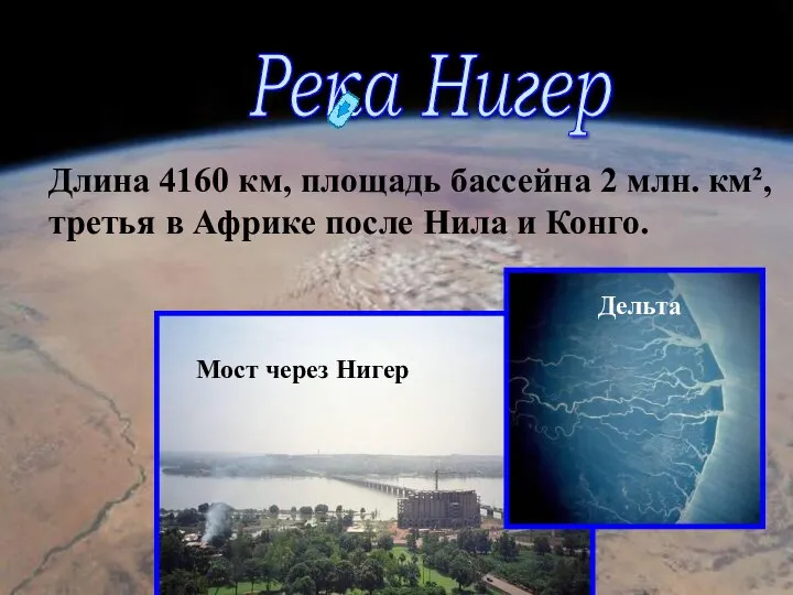 Река Нигер Длина 4160 км, площадь бассейна 2 млн. км², третья