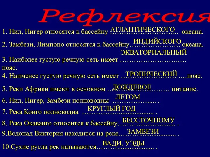 1. Нил, Нигер относятся к бассейну ………………………... океана. 2. Замбези, Лимпопо