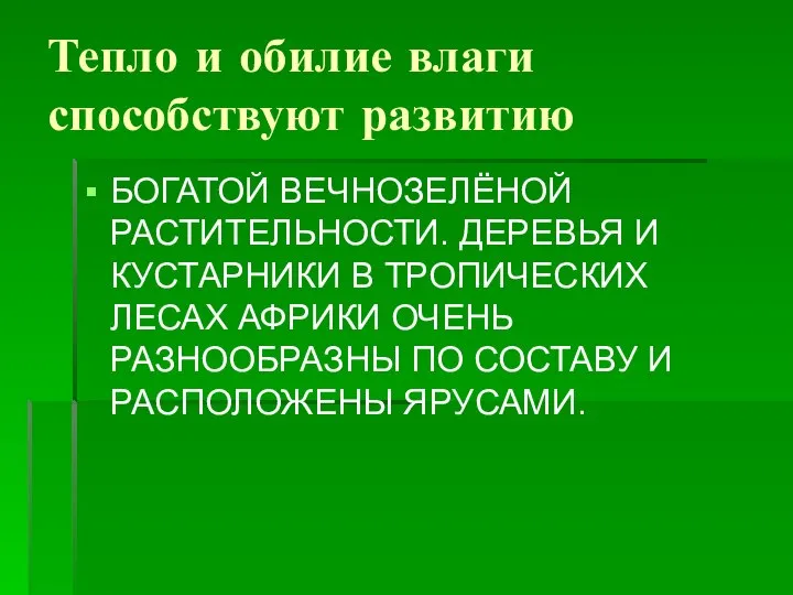 Тепло и обилие влаги способствуют развитию БОГАТОЙ ВЕЧНОЗЕЛЁНОЙ РАСТИТЕЛЬНОСТИ. ДЕРЕВЬЯ И