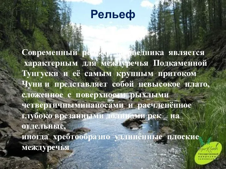 Рельеф Современный рельеф заповедника является характерным для междуречья Подкаменной Тунгуски и