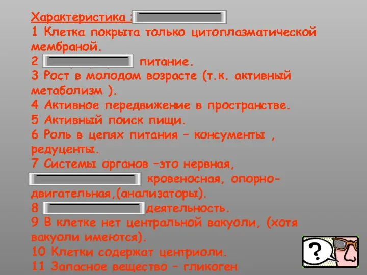 Характеристика животных 1 Клетка покрыта только цитоплазматической мембраной. 2 Гетеротрофное питание.