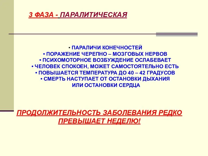 3 ФАЗА - ПАРАЛИТИЧЕСКАЯ ПАРАЛИЧИ КОНЕЧНОСТЕЙ ПОРАЖЕНИЕ ЧЕРЕПНО – МОЗГОВЫХ НЕРВОВ