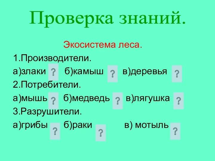 Экосистема леса. 1.Производители. а)злаки б)камыш в)деревья 2.Потребители. а)мышь б)медведь в)лягушка 3.Разрушители.