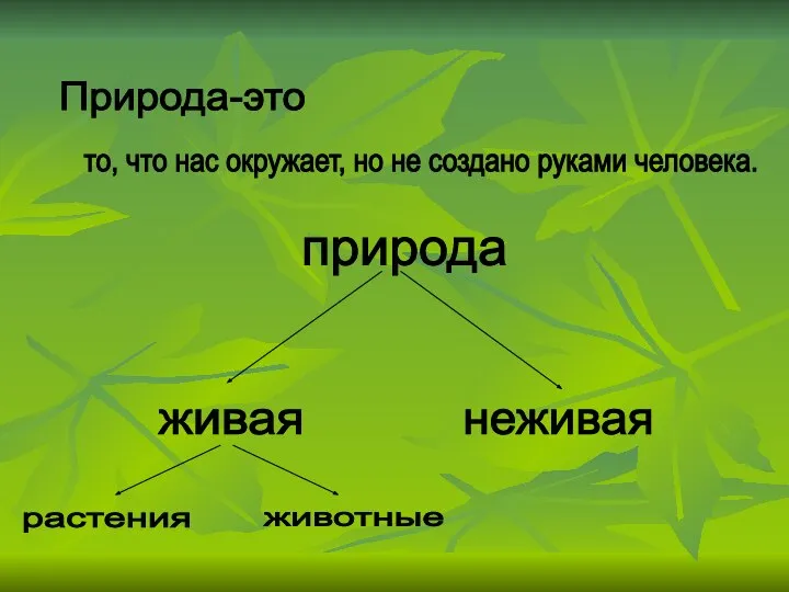 Природа-это то, что нас окружает, но не создано руками человека. природа живая неживая растения животные