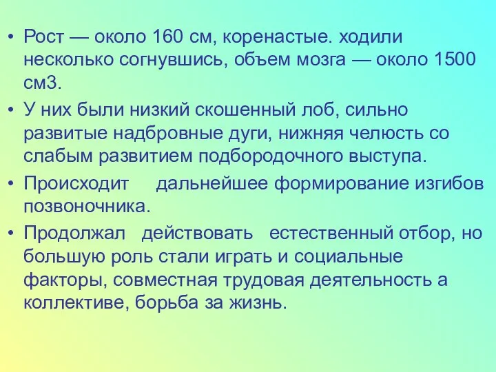 Рост — около 160 см, коренастые. ходили несколько согнувшись, объем мозга