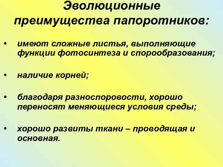 Эволюционные преимущества папоротников: имеют сложные листья, выполняющие функции фотосинтеза и спорообразования;