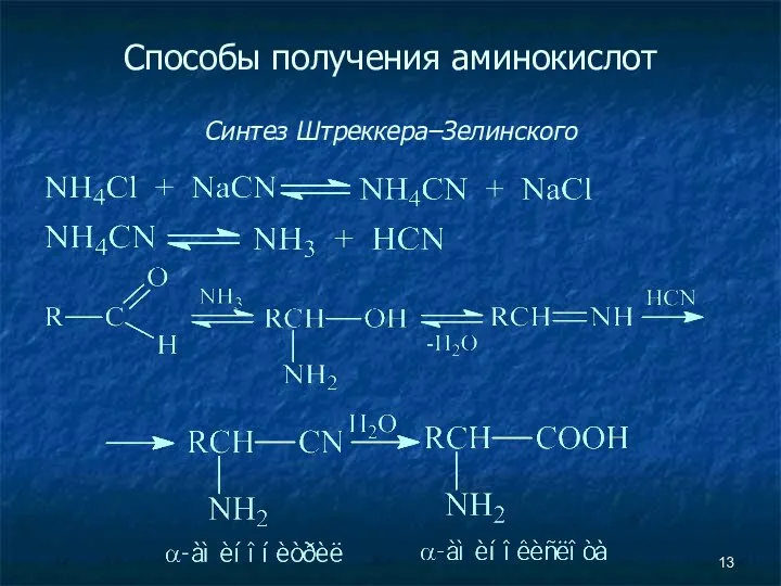 Способы получения аминокислот Синтез Штреккера–Зелинского