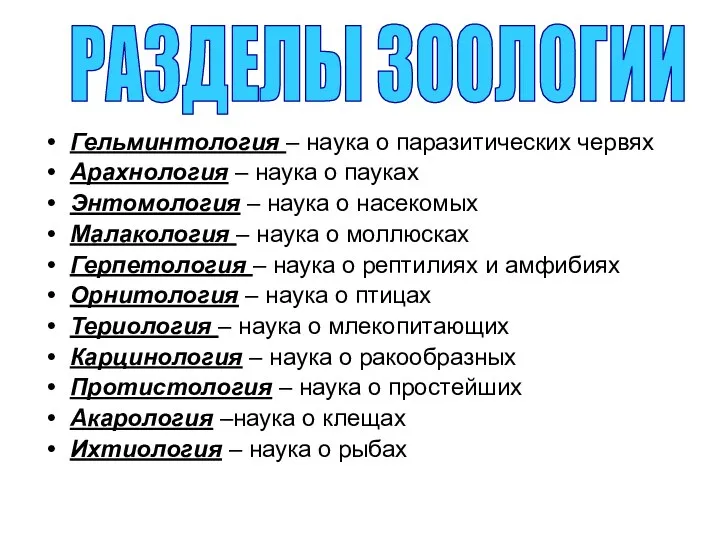 РАЗДЕЛЫ ЗООЛОГИИ Гельминтология – наука о паразитических червях Арахнология – наука