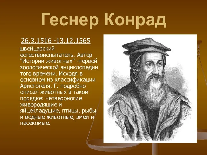 Геснер Конрад 26.3.1516 -13.12.1565 швейцарский естествоиспытатель. Автор "Истории животных" -первой зоологической