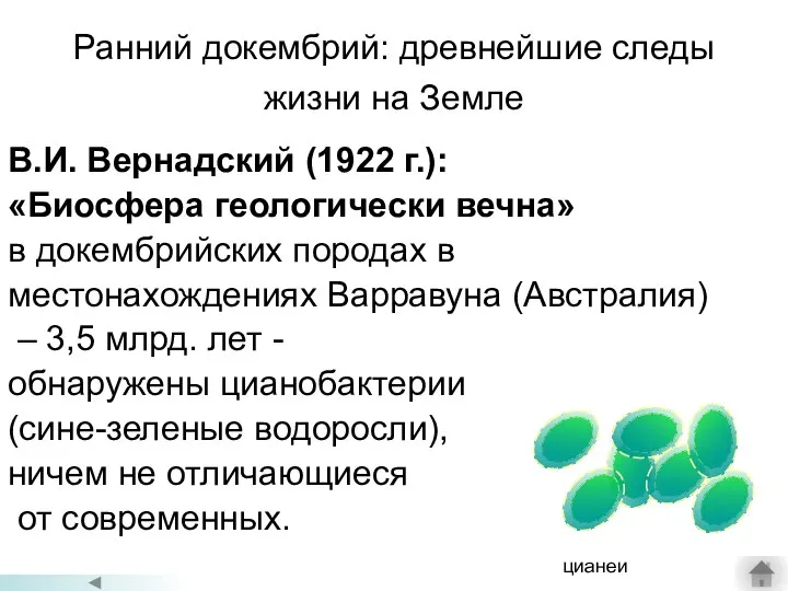 Ранний докембрий: древнейшие следы жизни на Земле В.И. Вернадский (1922 г.):