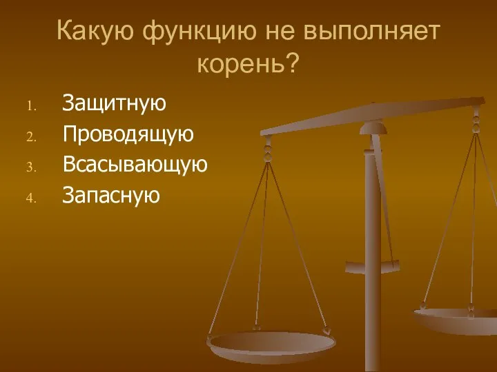 Какую функцию не выполняет корень? Защитную Проводящую Всасывающую Запасную