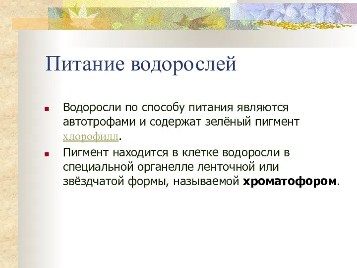 Питание водорослей Водоросли по способу питания являются автотрофами и содержат зелёный